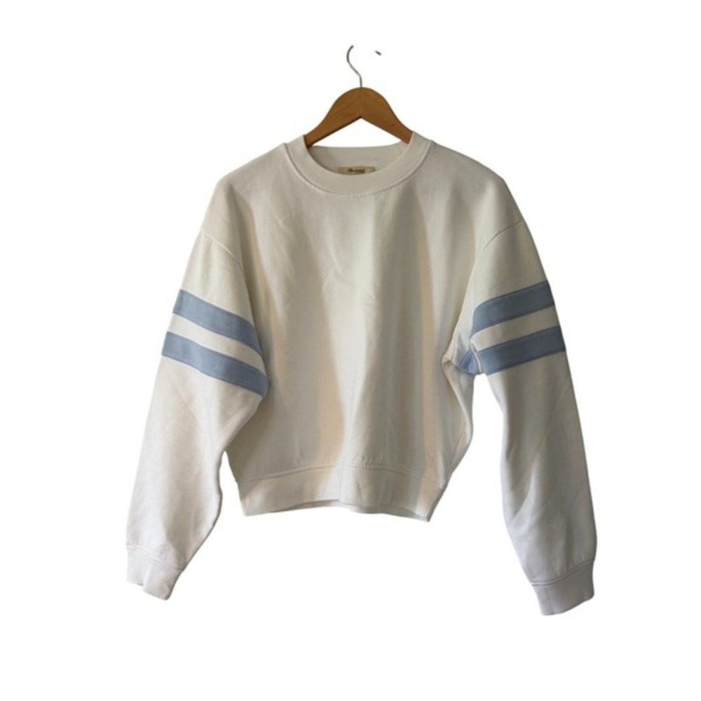 Madewell Crewneck Varsity Sweatshirt White Light Blue Stripe Fleece Knit S - Picture 2 of 11